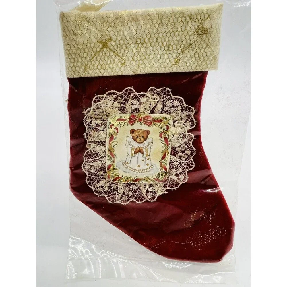 Miniature Christmas Stockings‎ Teddy Bears Red Velvet Lace SSCO Vintage Taiwan